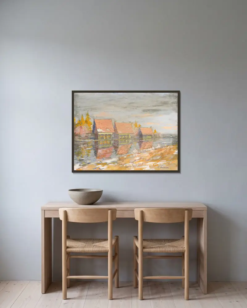 Datjor vid flodstranden av Konstantin Alexeevich Korovin inramad på en vägg