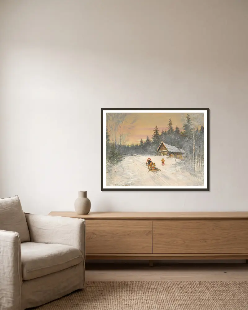 Russisches Dorf im Schnee von Konstantin Alexeevich Korovin gerahmt an einer Wand