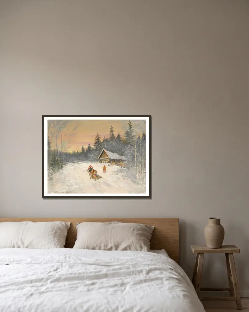 Russisches Dorf im Schnee von Konstantin Alexeevich Korovin gerahmt an einer Wand