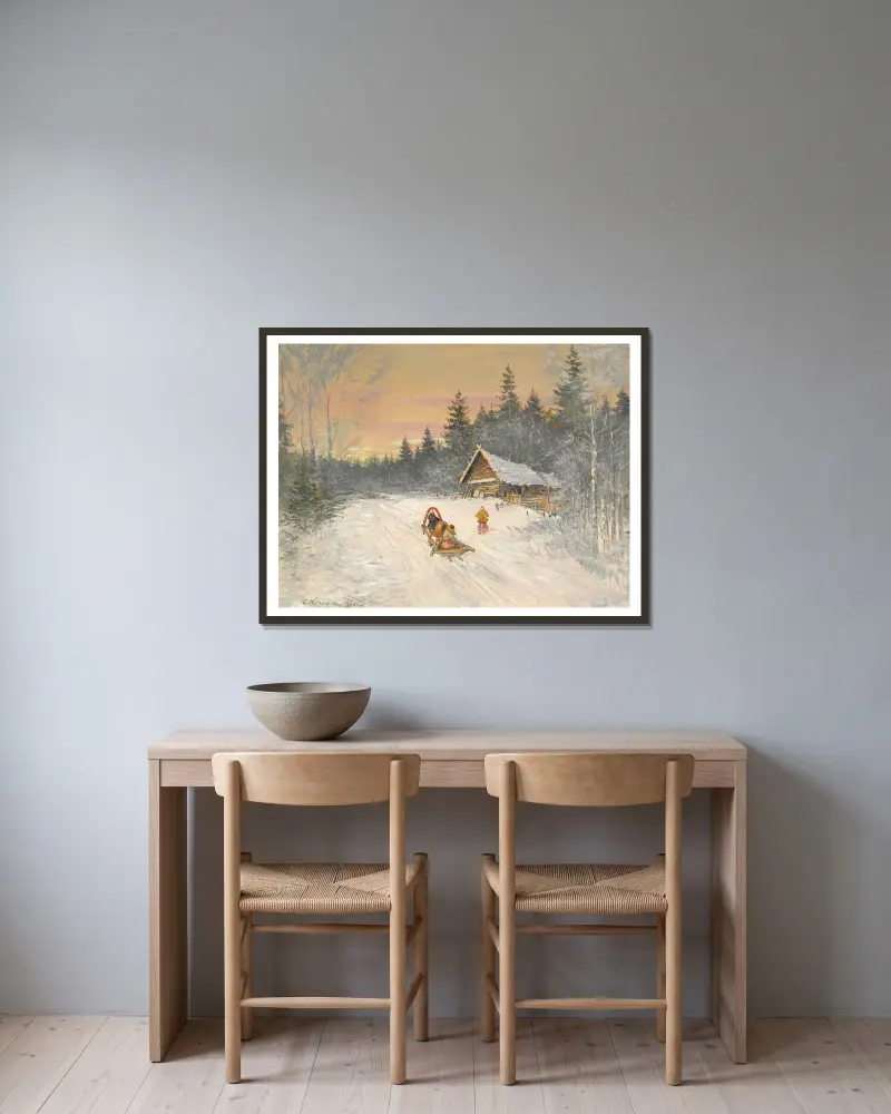 Russisches Dorf im Schnee von Konstantin Alexeevich Korovin gerahmt an einer Wand