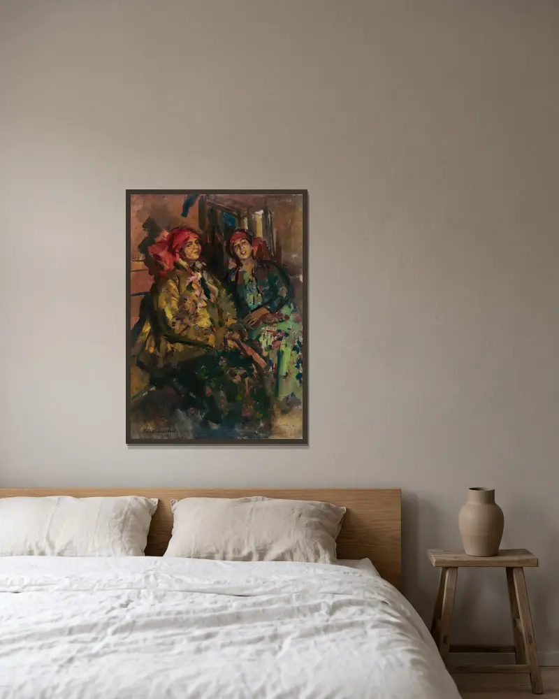 Två flickor i bonddräkter av Konstantin Alexeevich Korovin inramad på en vägg