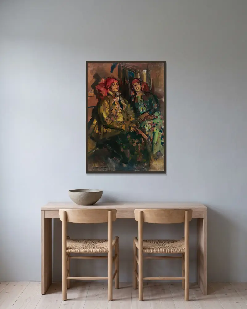 Två flickor i bonddräkter av Konstantin Alexeevich Korovin inramad på en vägg