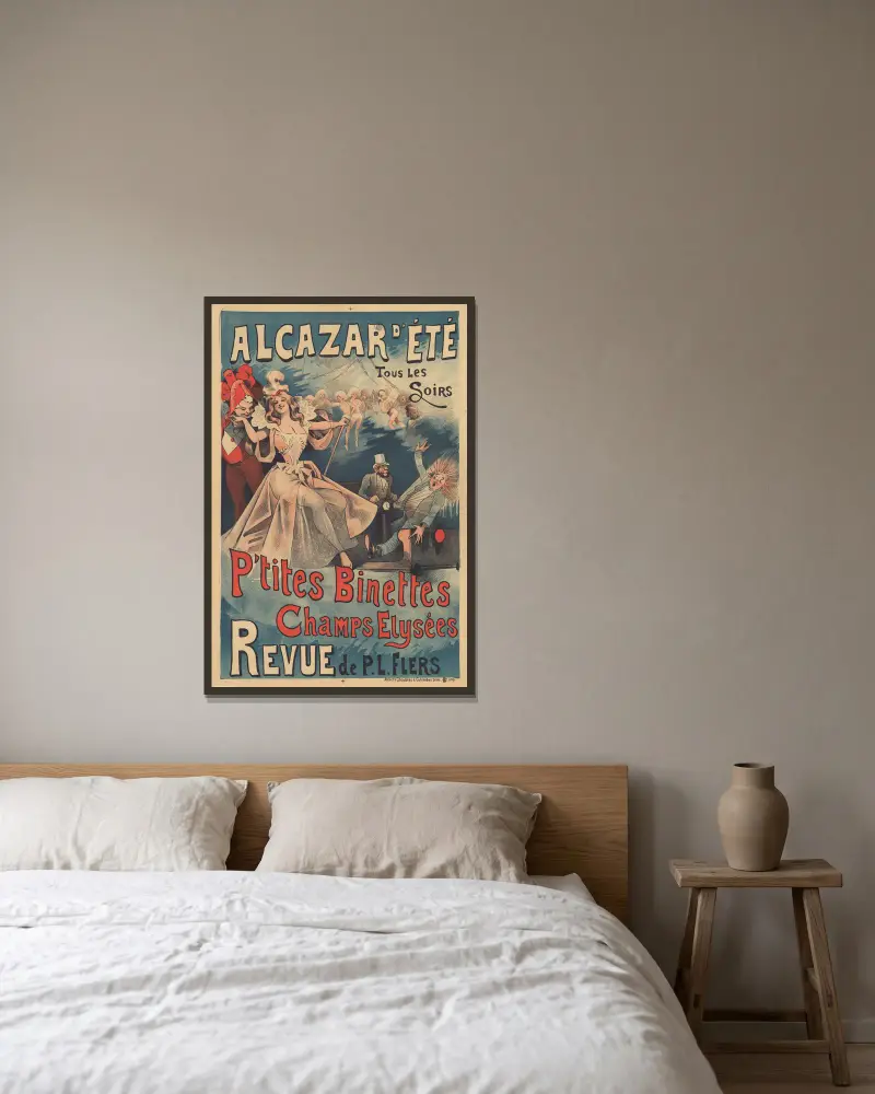 Alcazar d'Eté, alla kvällar. Söta små ansikten Champs Elysées. Revy av P.L. Flers av Alfred Choubrac inramad på en vägg