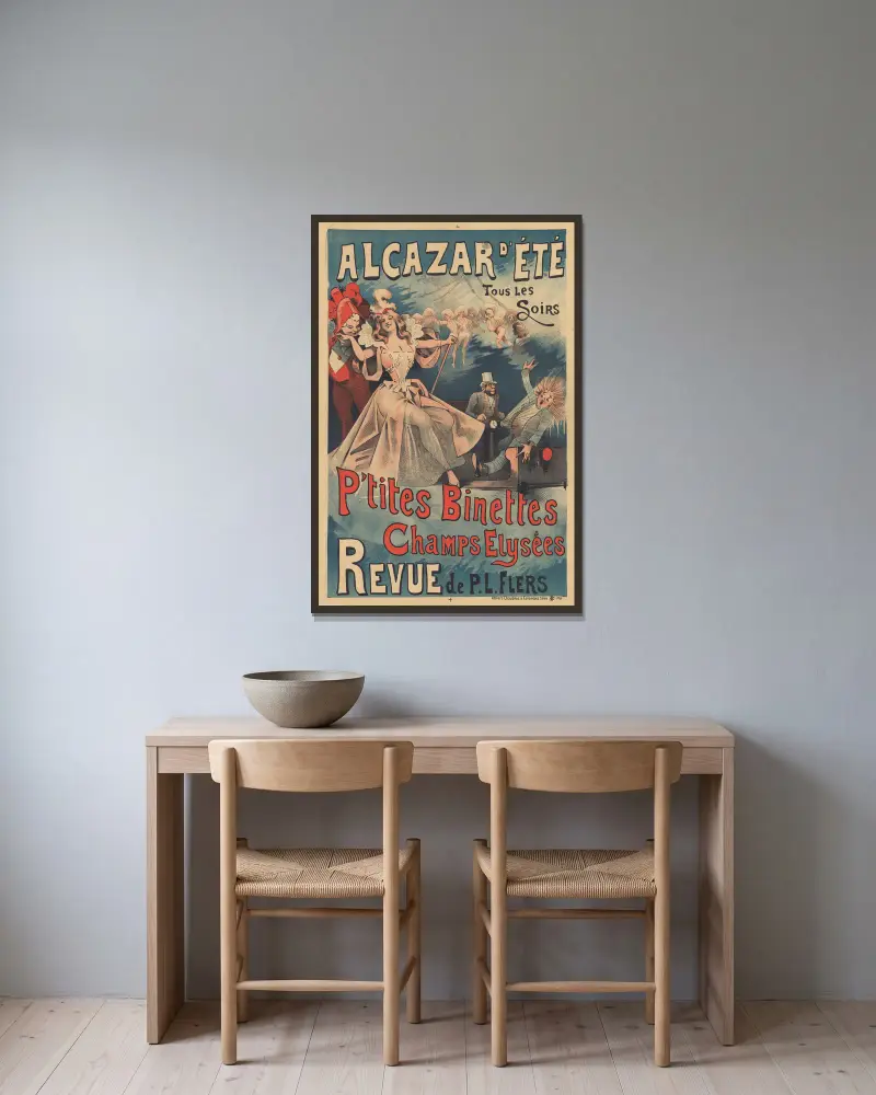 Alcazar d'Eté, alla kvällar. Söta små ansikten Champs Elysées. Revy av P.L. Flers av Alfred Choubrac inramad på en vägg