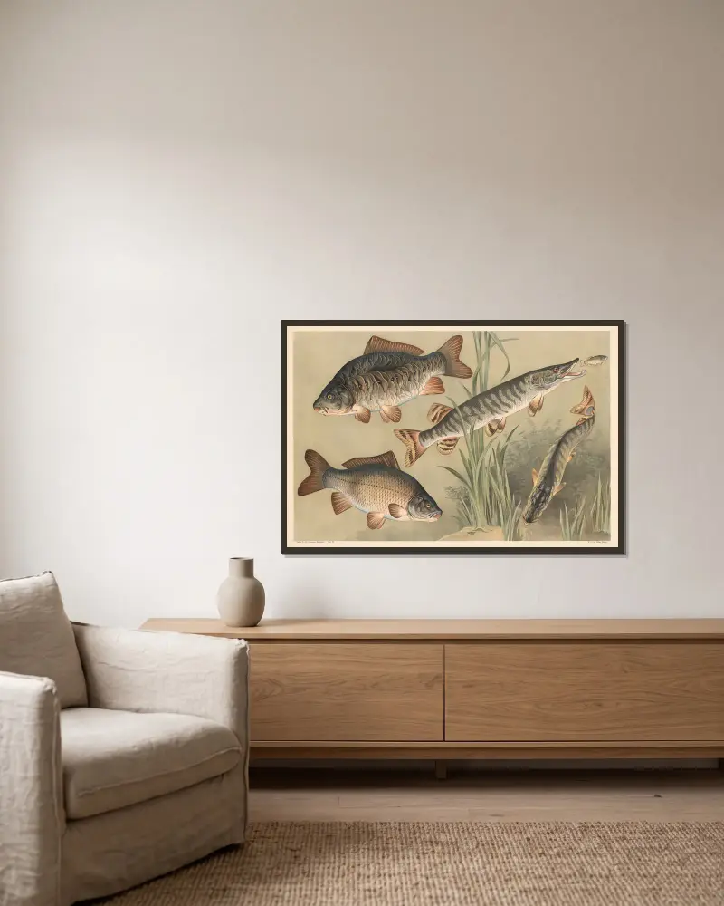 Karpfen und Hecht von Alfred Fiedler gerahmt an einer Wand