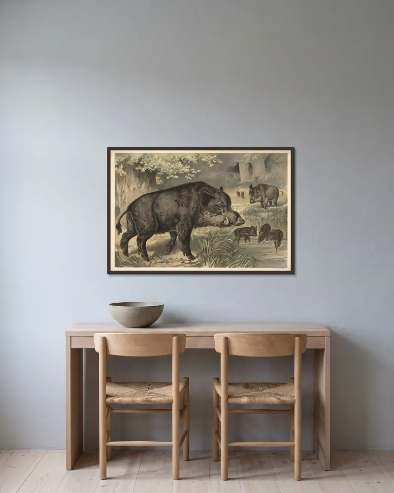 Wildschwein von Alfred Fiedler gerahmt an einer Wand