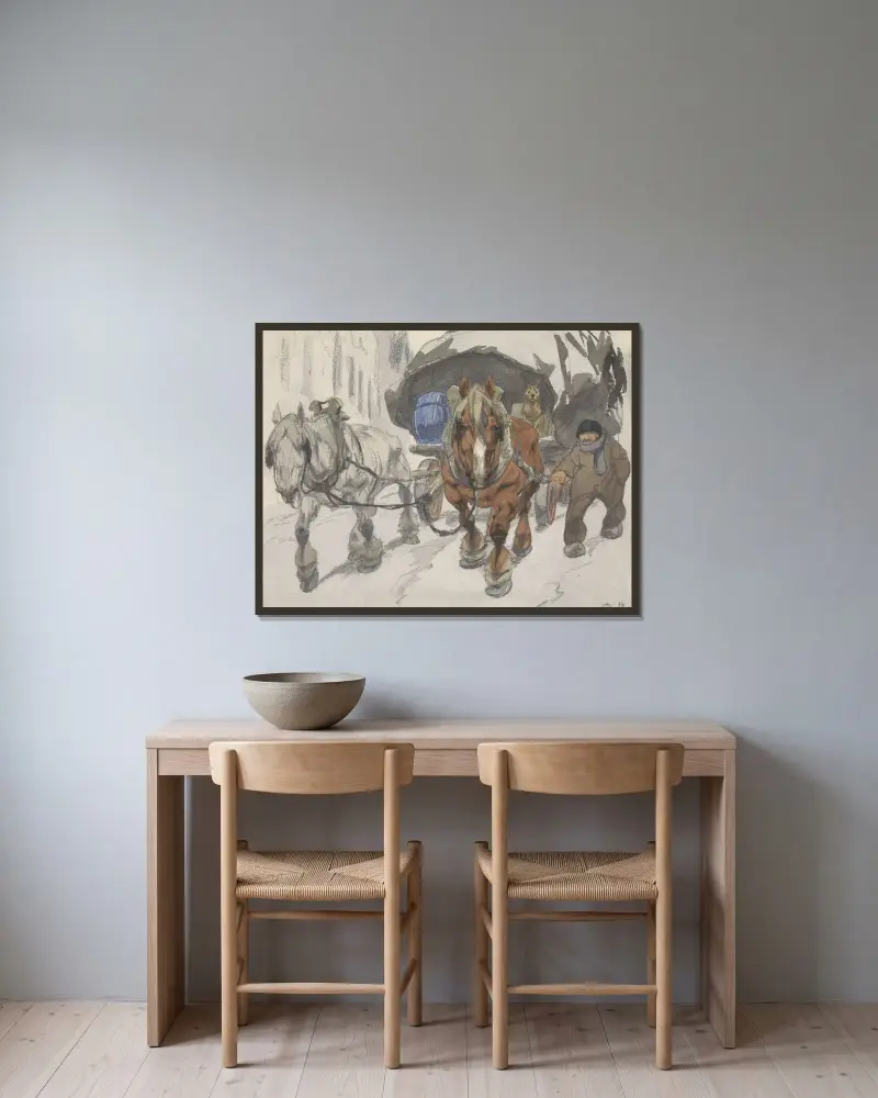 Bondvagn med två hästar framför av Alfred Ost inramad på en vägg