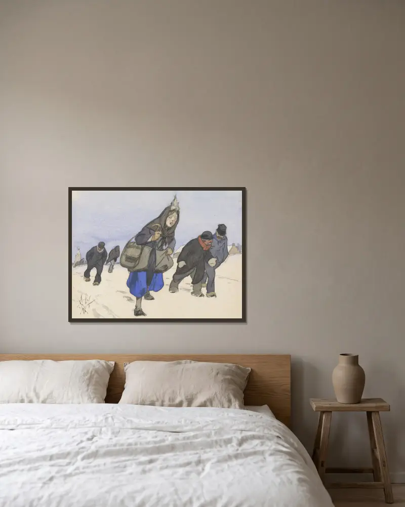 Krigsflyktingar i snön av Alfred Ost inramad på en vägg