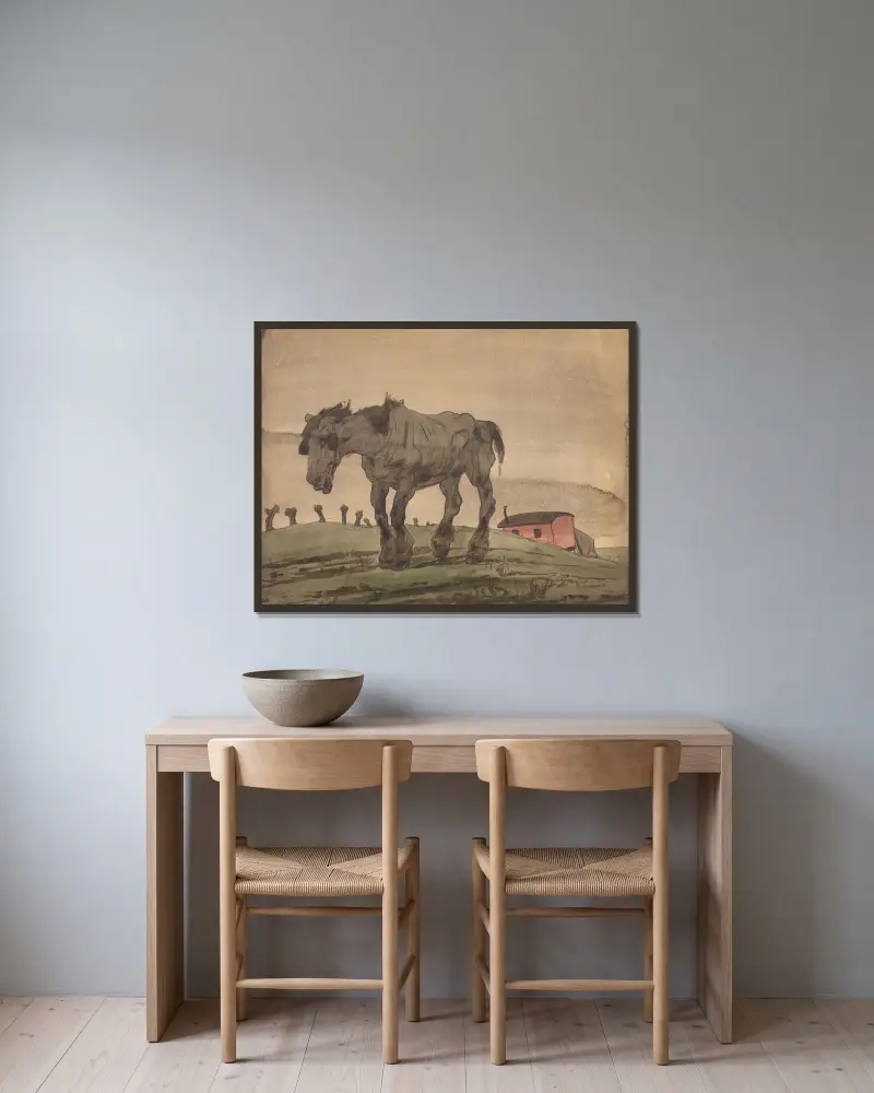 Verlatenheid (‘Het oude paard’) av Alfred Ost inramad på en vägg