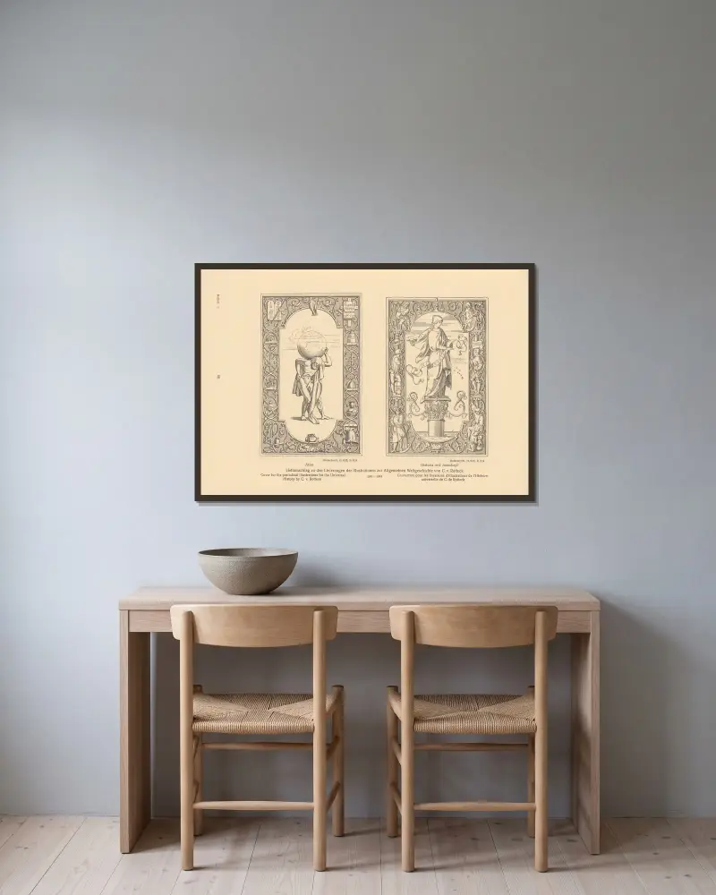 Omslag till illustrationerna för C. v. Rottecks världshistoria av Alfred Rethel inramad på en vägg