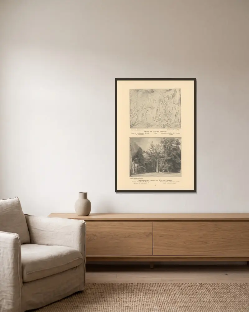 Skizze und Landschaftsstudie für 'Karl der Große zerstört die Irmensäule' von Alfred Rethel gerahmt an einer Wand