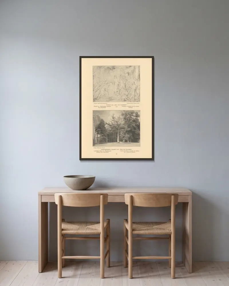 Skizze und Landschaftsstudie für 'Karl der Große zerstört die Irmensäule' von Alfred Rethel gerahmt an einer Wand
