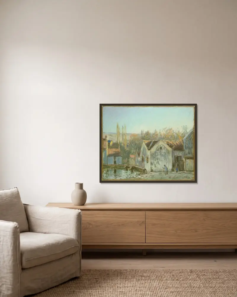 Ett hörn av Moret-sur-Loing av Alfred Sisley inramad på en vägg