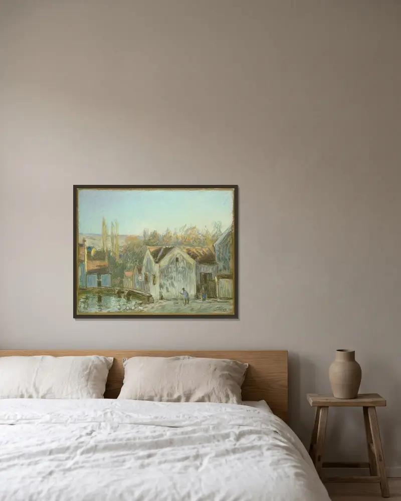Ett hörn av Moret-sur-Loing av Alfred Sisley inramad på en vägg