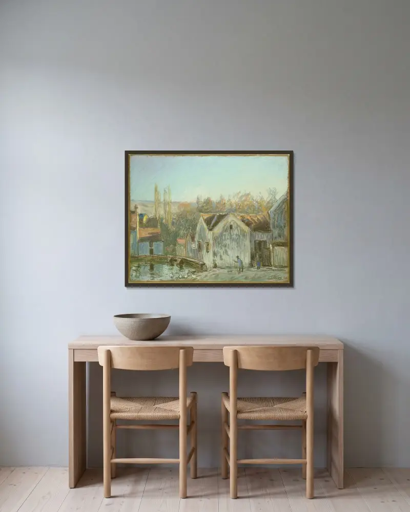 Ett hörn av Moret-sur-Loing av Alfred Sisley inramad på en vägg