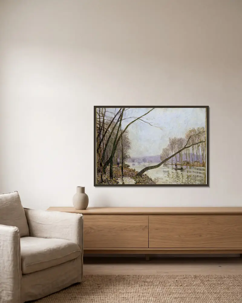 Seinens strand på hösten av Alfred Sisley inramad på en vägg