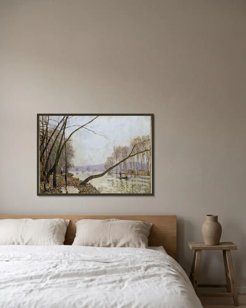 Seinens strand på hösten av Alfred Sisley inramad på en vägg