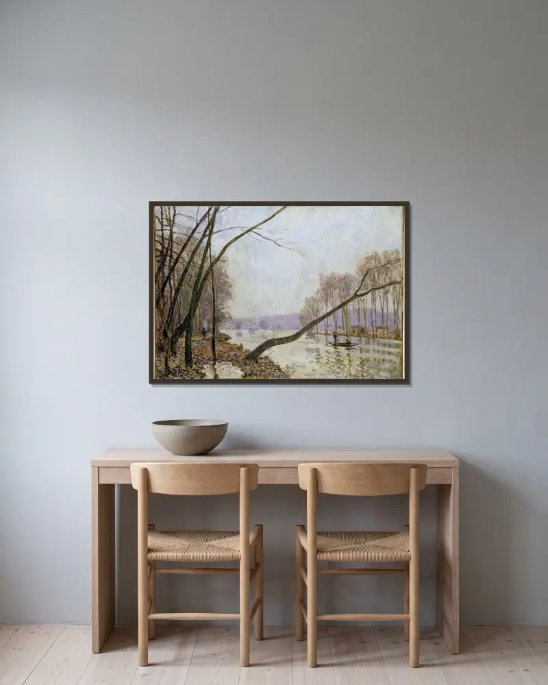 Seinens strand på hösten av Alfred Sisley inramad på en vägg
