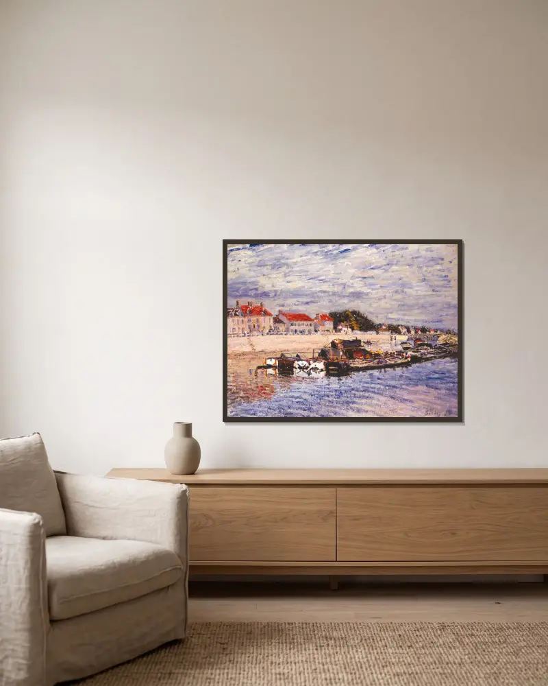 Pråmar på Loing vid Saint-Mammès av Alfred Sisley inramad på en vägg