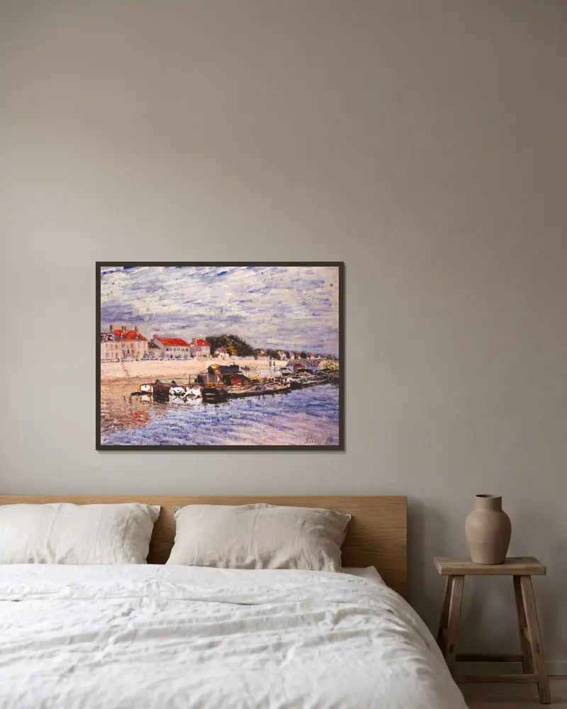 Pråmar på Loing vid Saint-Mammès av Alfred Sisley inramad på en vägg