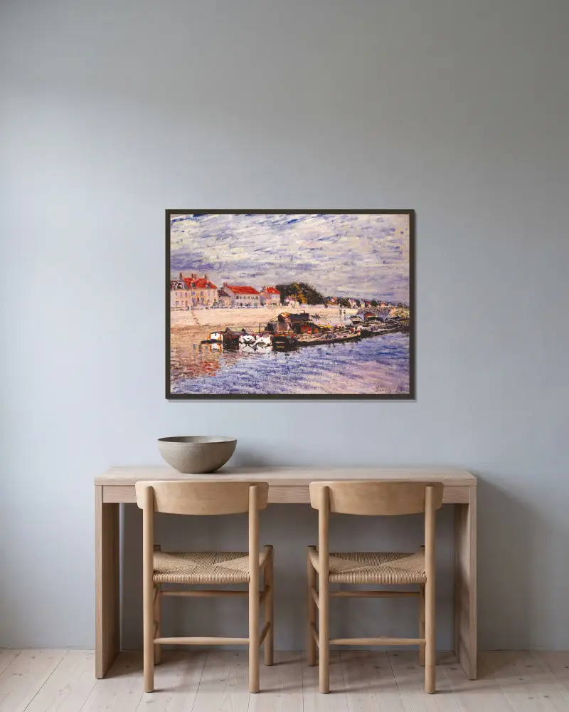 Pråmar på Loing vid Saint-Mammès av Alfred Sisley inramad på en vägg