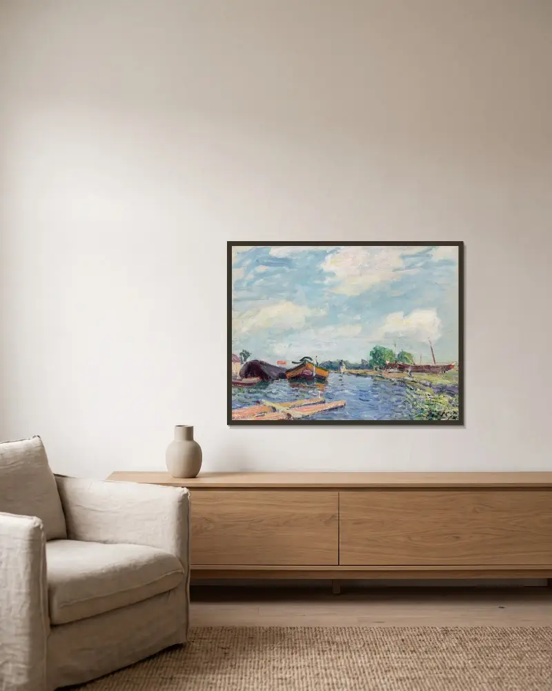 Loingkanalen vid Saint-Mammès av Alfred Sisley inramad på en vägg