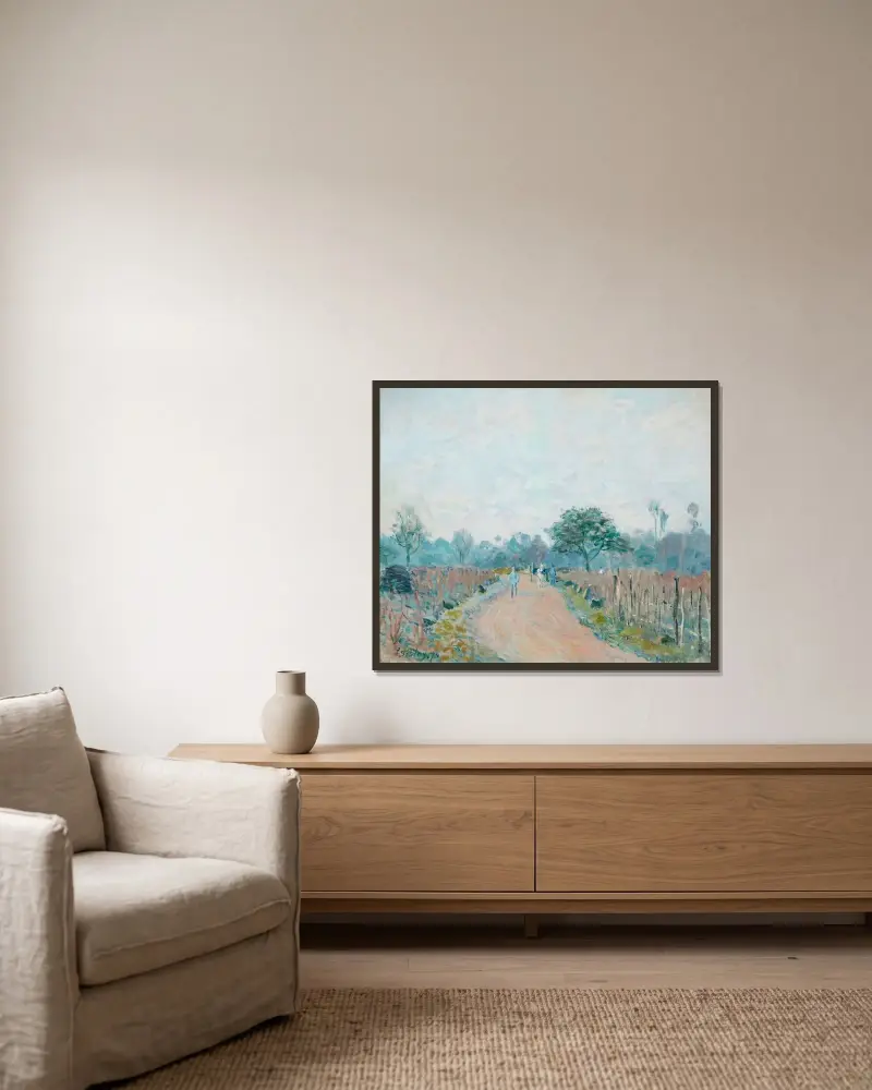 Vägen till Prunay vid Louveciennes av Alfred Sisley inramad på en vägg