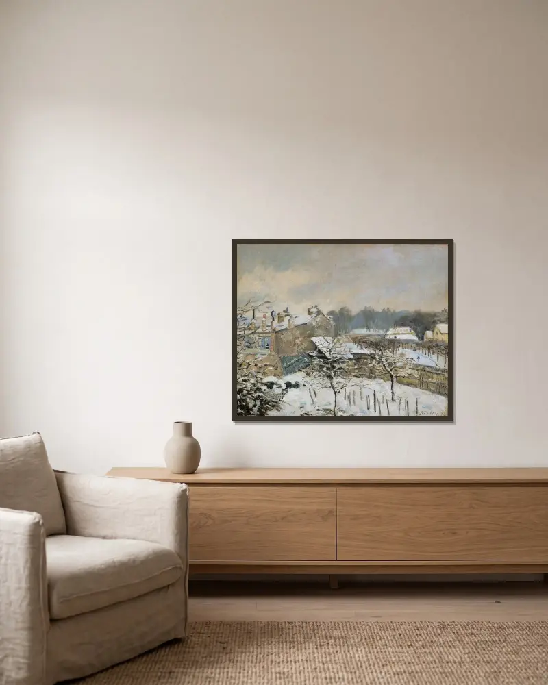 Snöeffekt i Louveciennes, 1876 av Alfred Sisley inramad på en vägg