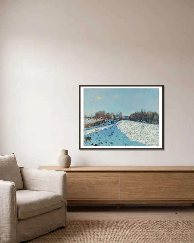 Snöeffekt i Louveciennes, 1874 av Alfred Sisley inramad på en vägg
