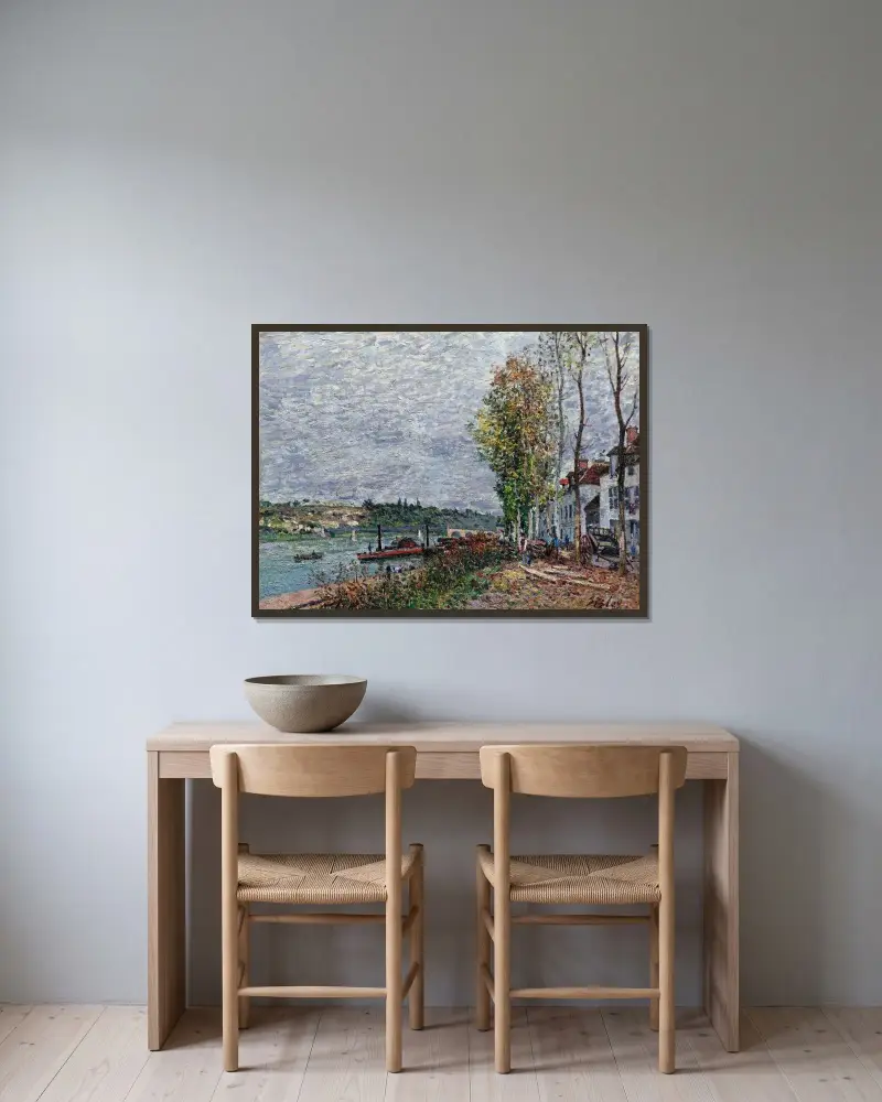 Nebeltag in Saint-Mammès von Alfred Sisley gerahmt an einer Wand