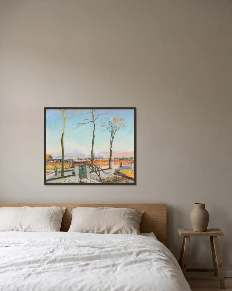 Der Bahnhof von Moret-sur-Loing, Wintersonne von Alfred Sisley gerahmt an einer Wand