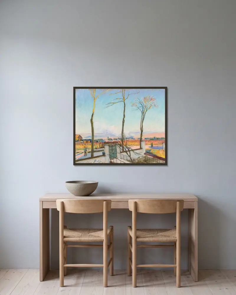 Der Bahnhof von Moret-sur-Loing, Wintersonne von Alfred Sisley gerahmt an einer Wand
