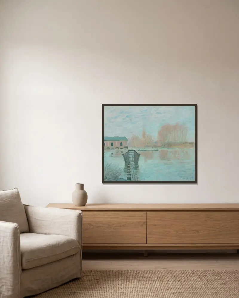 Marly-maskinen och dammen, Bougival av Alfred Sisley inramad på en vägg