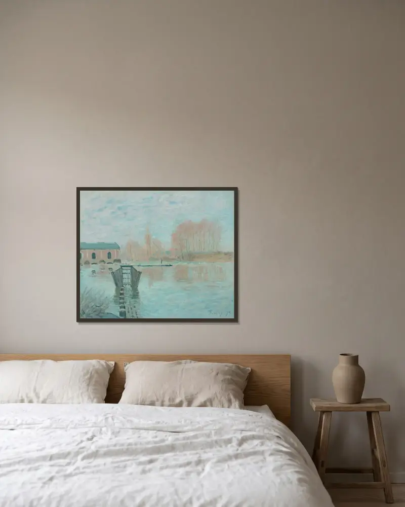 Marly-maskinen och dammen, Bougival av Alfred Sisley inramad på en vägg