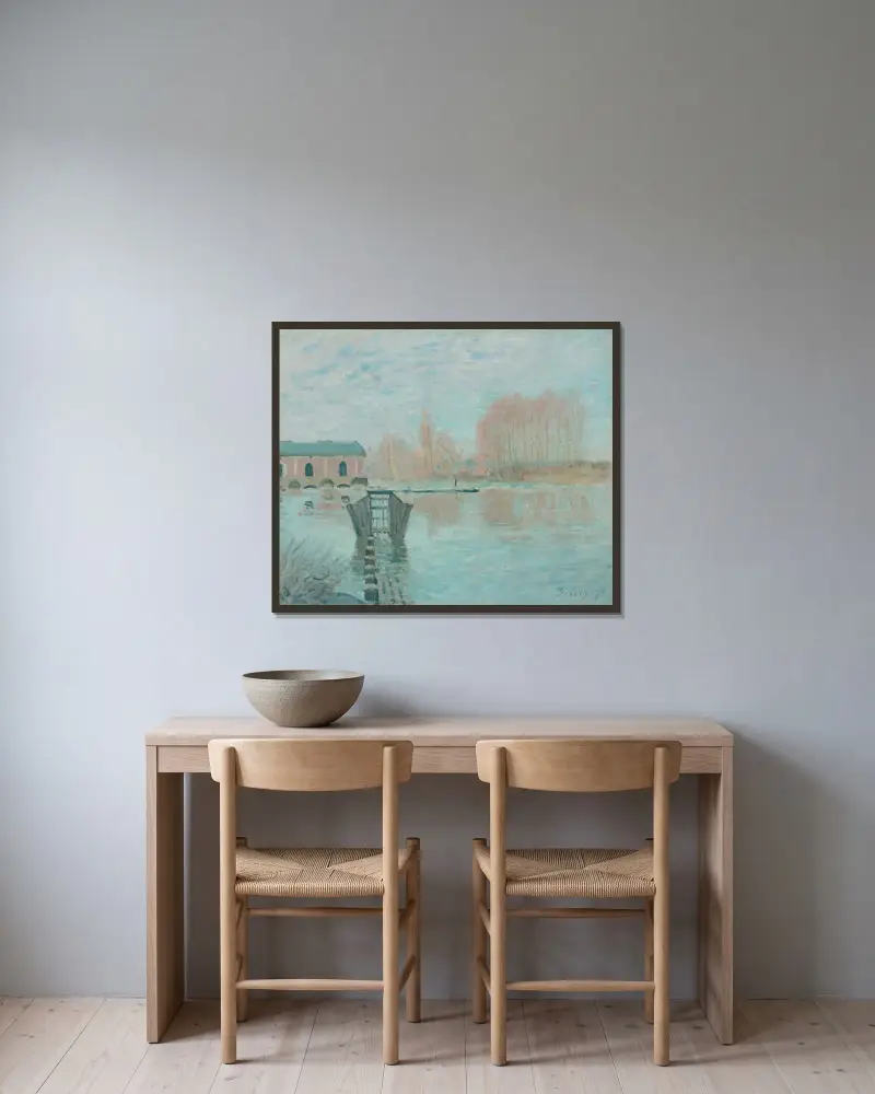 Marly-maskinen och dammen, Bougival av Alfred Sisley inramad på en vägg