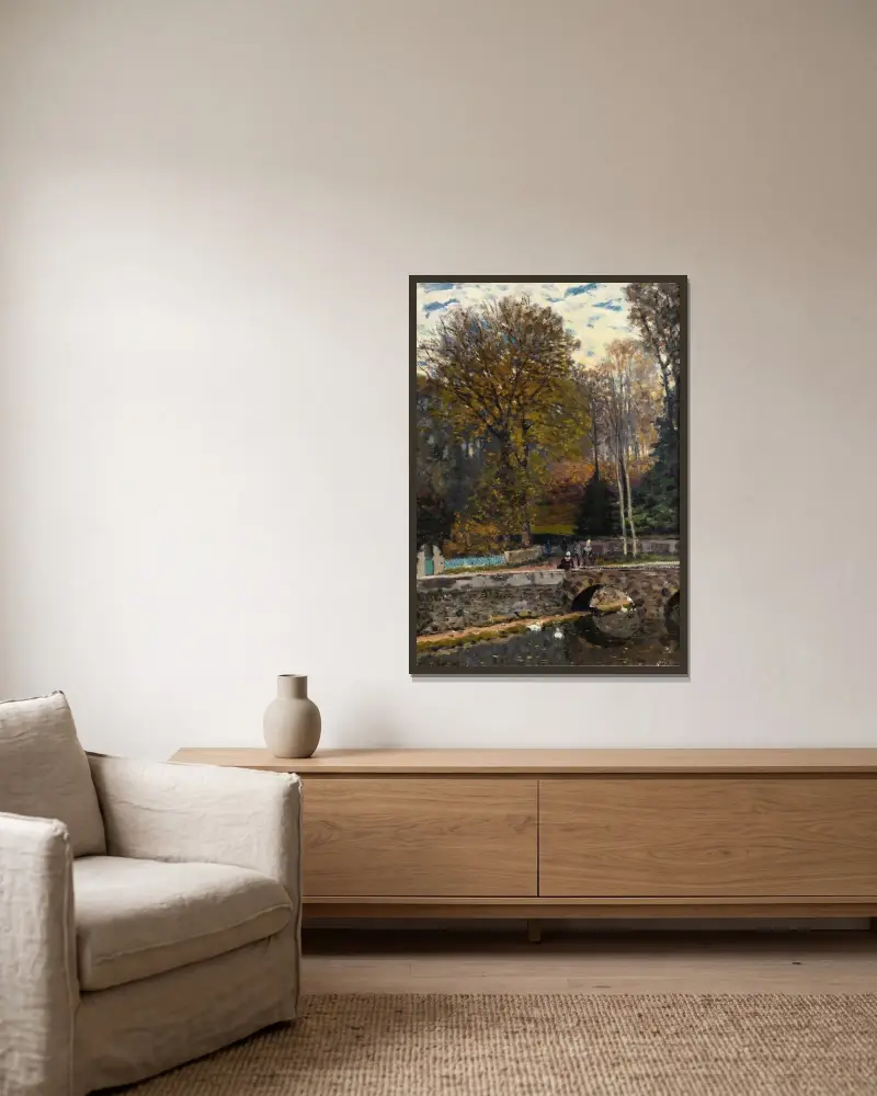 Ankdammen, slottet i Pont, Louveciennes av Alfred Sisley inramad på en vägg