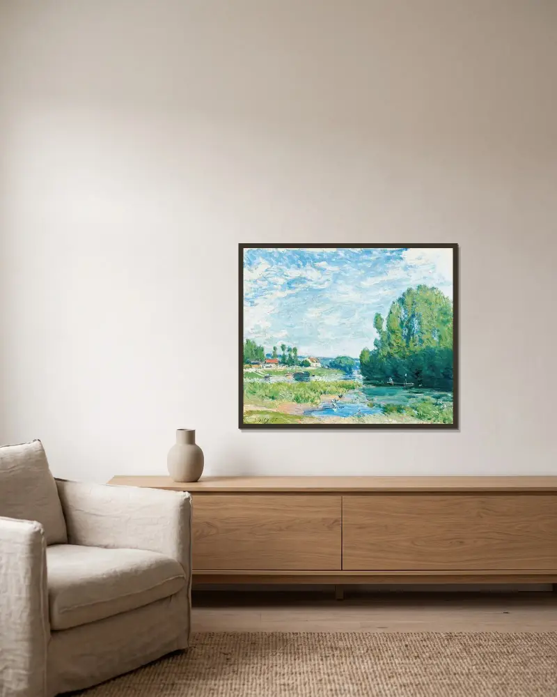 La Mare Aux Canards av Alfred Sisley inramad på en vägg