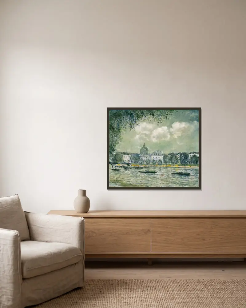 Die Seine mit dem Institut de France und dem Pont des Arts von Alfred Sisley gerahmt an einer Wand