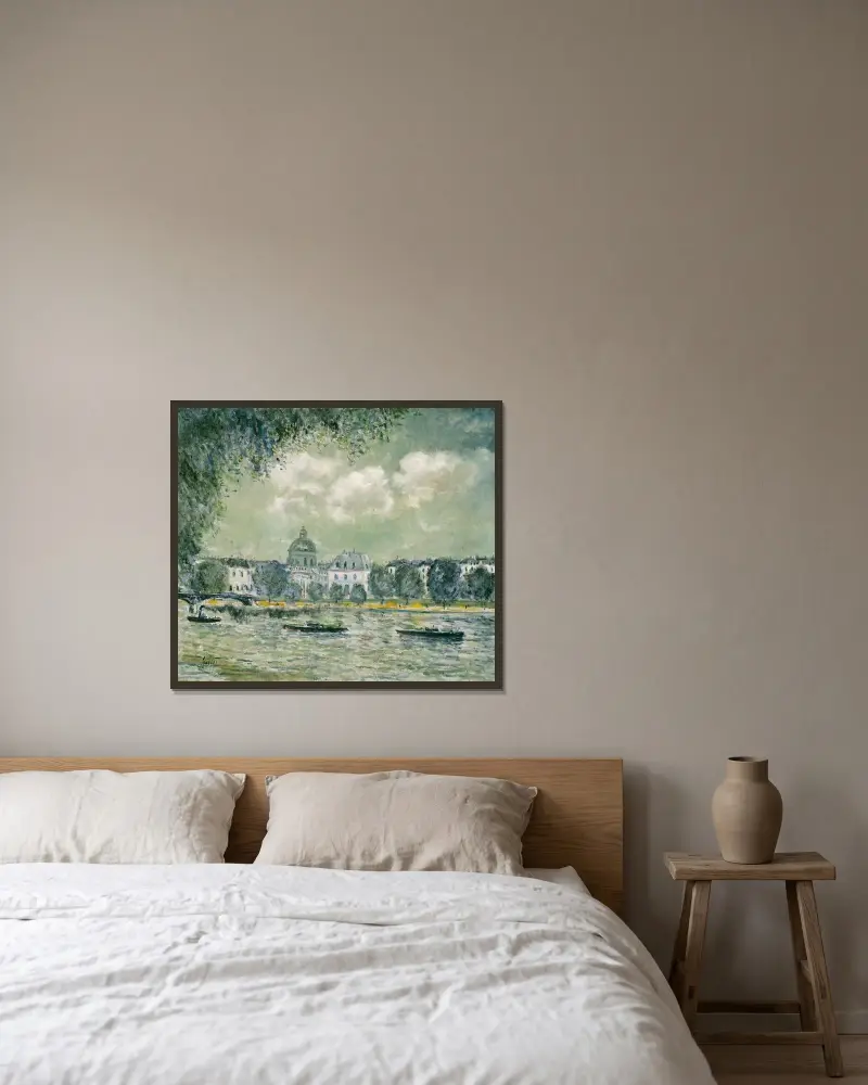 Die Seine mit dem Institut de France und dem Pont des Arts von Alfred Sisley gerahmt an einer Wand