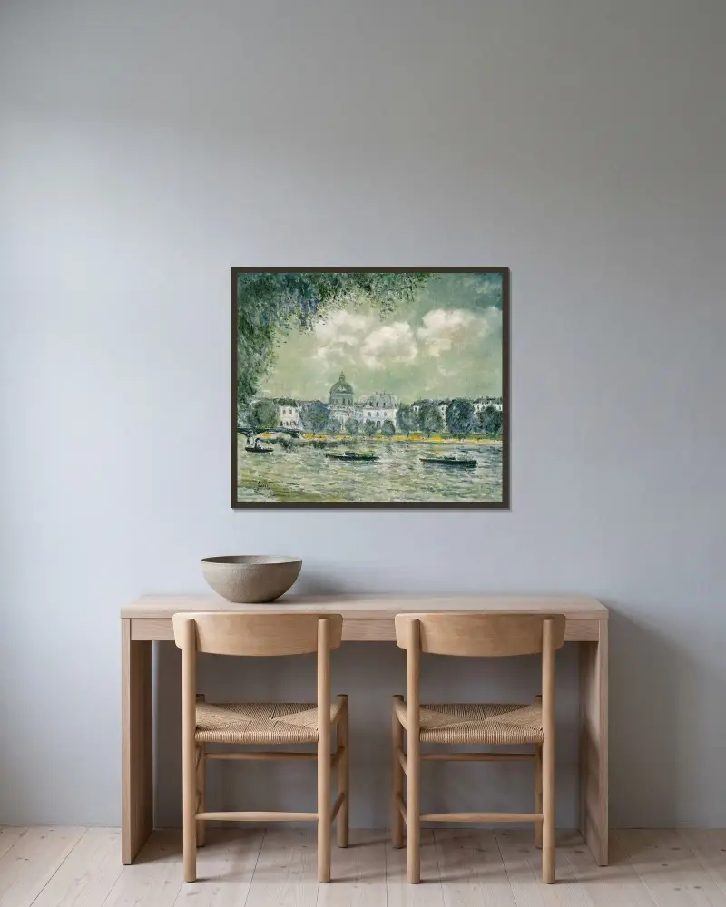 Die Seine mit dem Institut de France und dem Pont des Arts von Alfred Sisley gerahmt an einer Wand