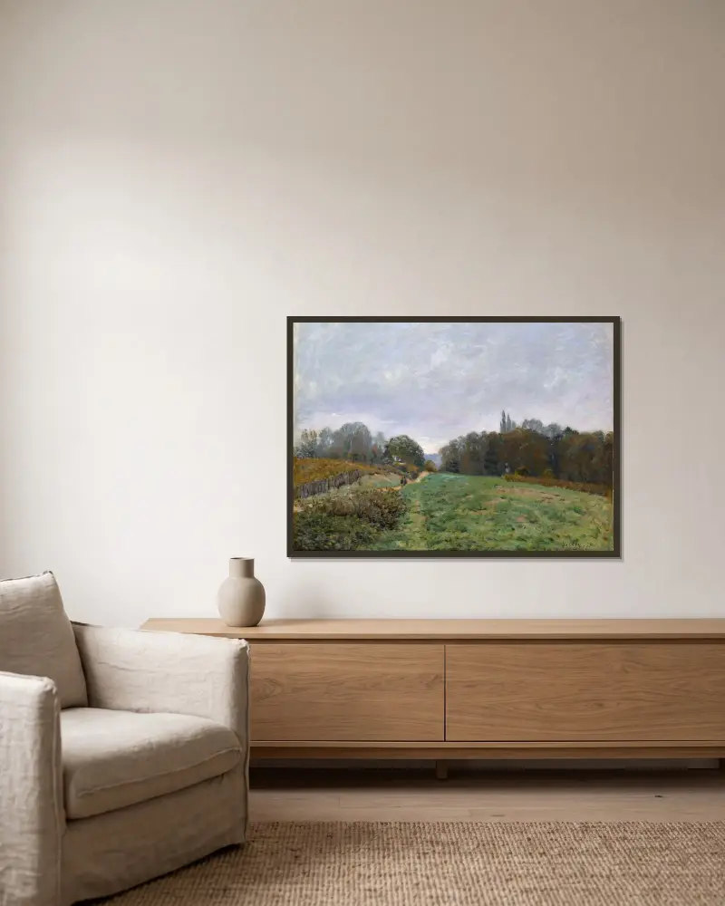 Landskap vid Louveciennes av Alfred Sisley inramad på en vägg