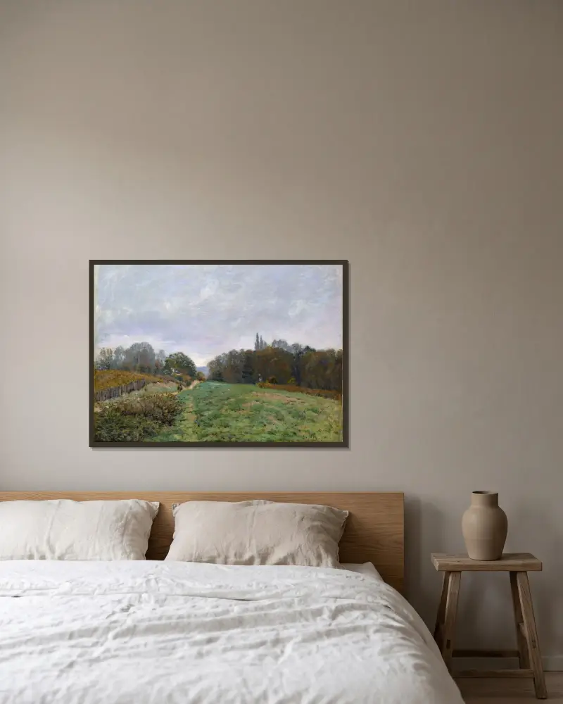 Landskap vid Louveciennes av Alfred Sisley inramad på en vägg