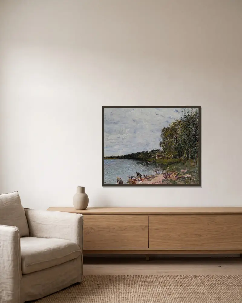 Tvätterskor nära Champagne av Alfred Sisley inramad på en vägg