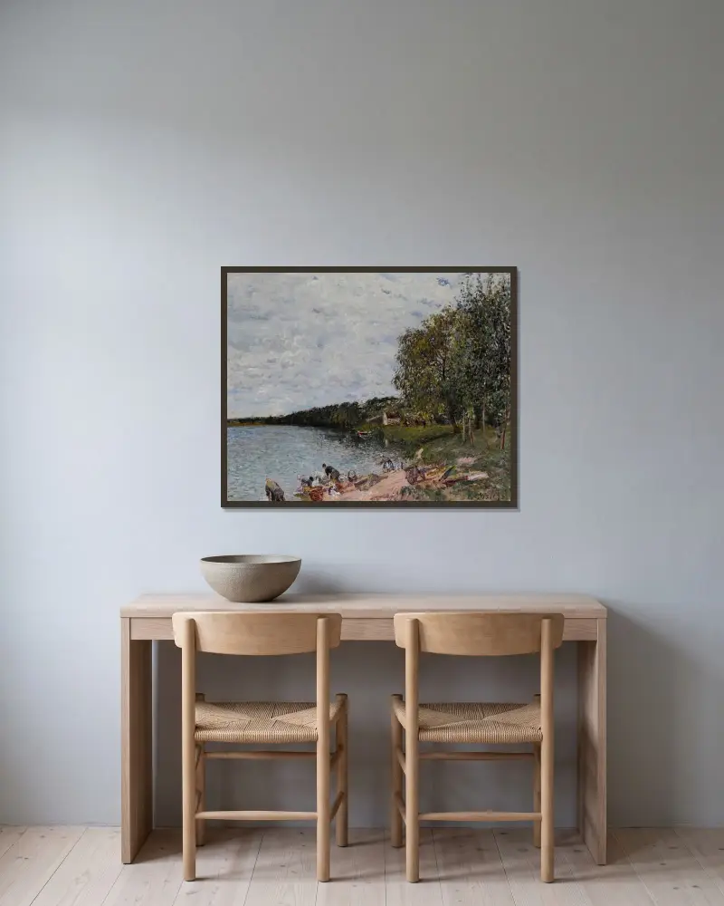 Tvätterskor nära Champagne av Alfred Sisley inramad på en vägg