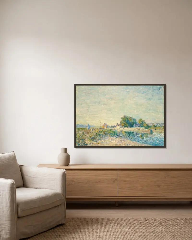 Dammen vid Loingkanalen i Saint-Mammès av Alfred Sisley inramad på en vägg