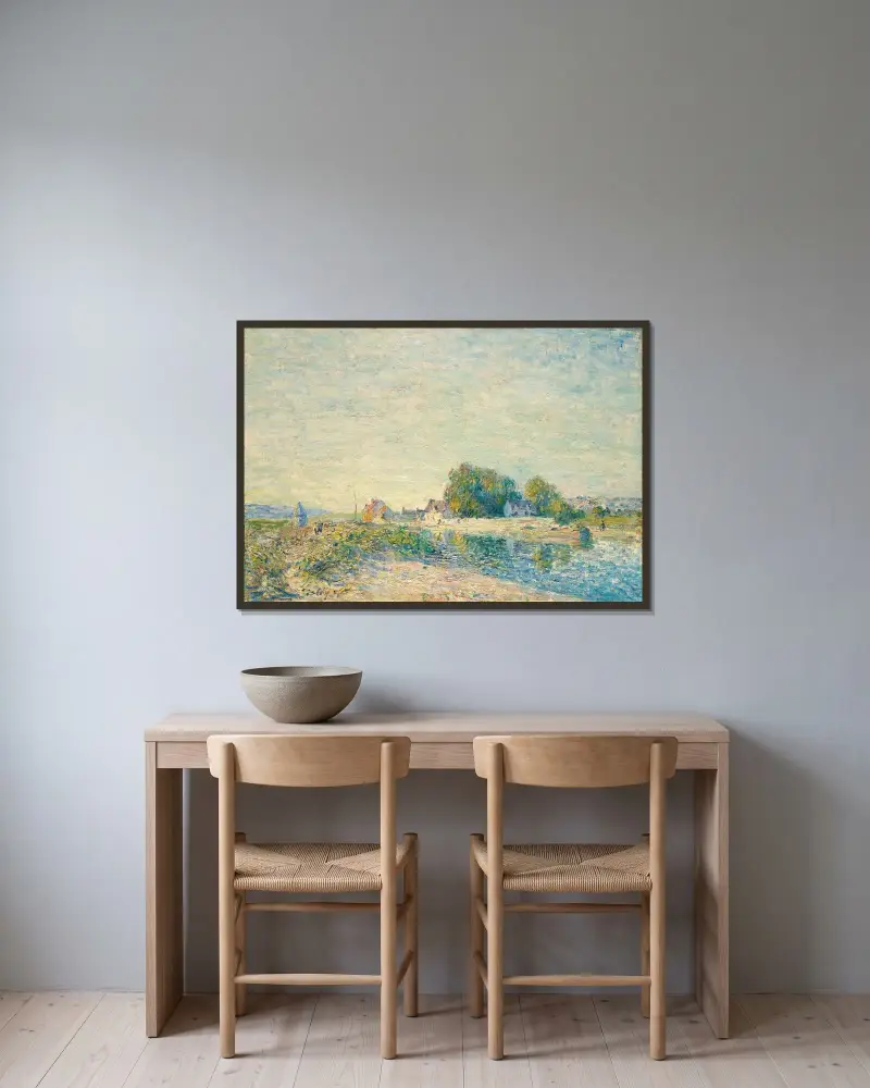 Dammen vid Loingkanalen i Saint-Mammès av Alfred Sisley inramad på en vägg