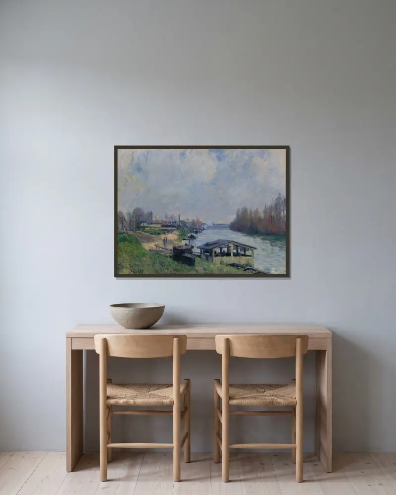 Tvätthuset i Billancourt av Alfred Sisley inramad på en vägg
