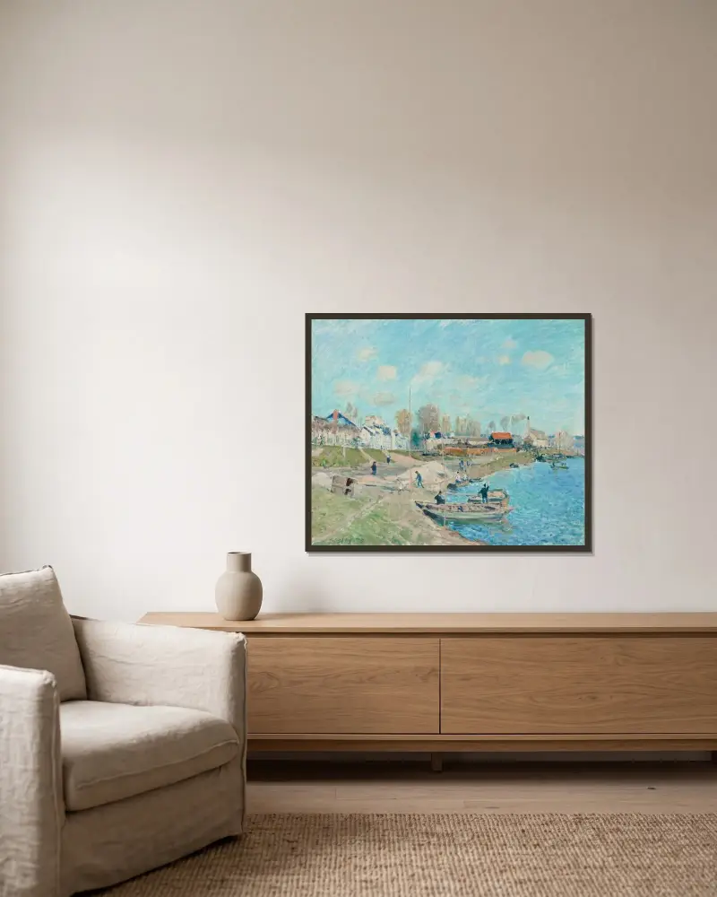 Sandkajen, omgivningarna vid Port-Marly av Alfred Sisley inramad på en vägg