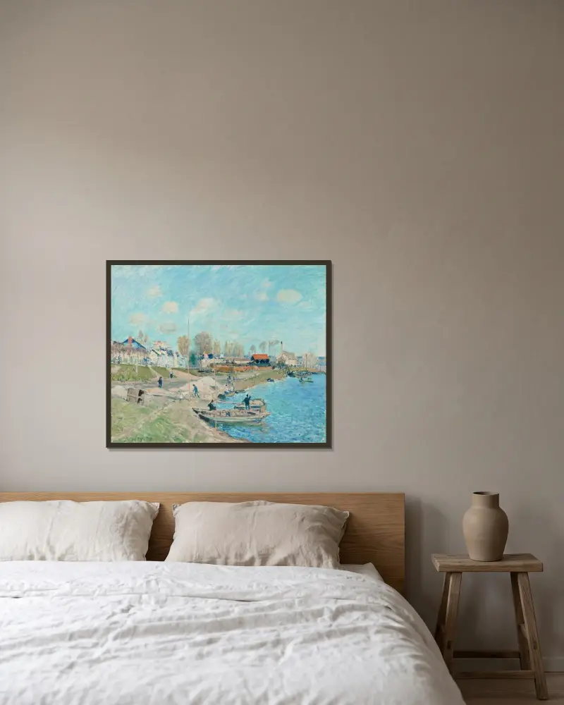 Sandkajen, omgivningarna vid Port-Marly av Alfred Sisley inramad på en vägg