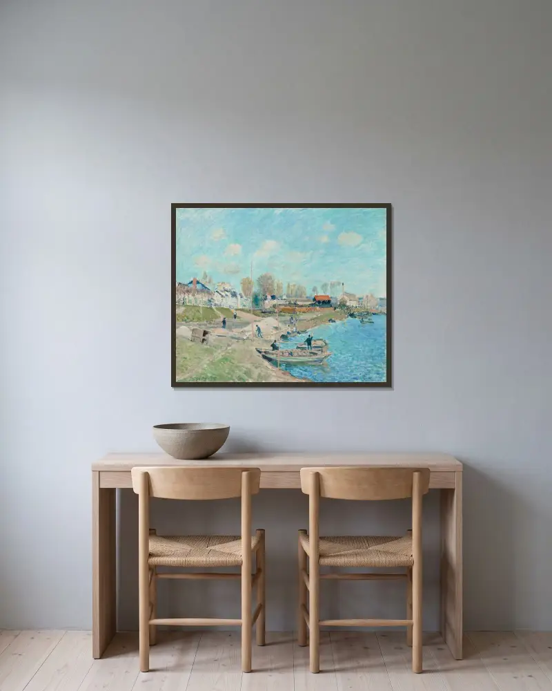 Sandkajen, omgivningarna vid Port-Marly av Alfred Sisley inramad på en vägg